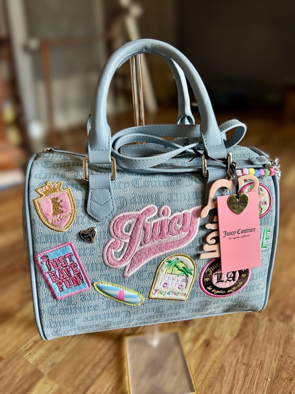 NWT Juicy Couture Juicy Run The World Satchel Dusty Blue and Pink.